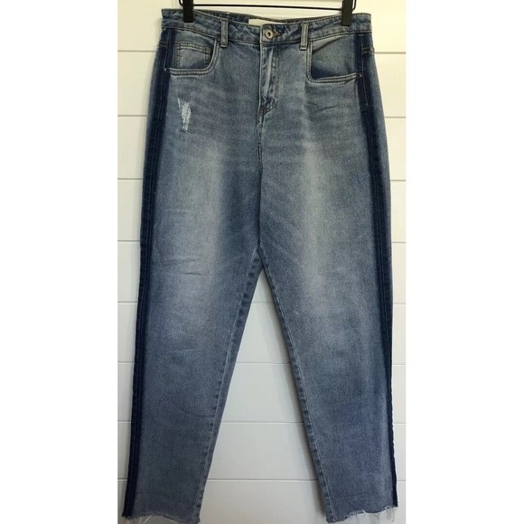 Queen Of Hearts Women's Raw Hem Tuxedo Stripe Jeans Size L Distressed Cotton - Picture 1 of 14